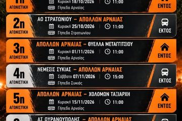 Το πρόγραμμα του Απόλλωνα Αρναίας στη Β΄ Κατηγορία της ΕΠΣ Χαλκιδικής – Όλοι οι αγώνες του Βορείου Ομίλου